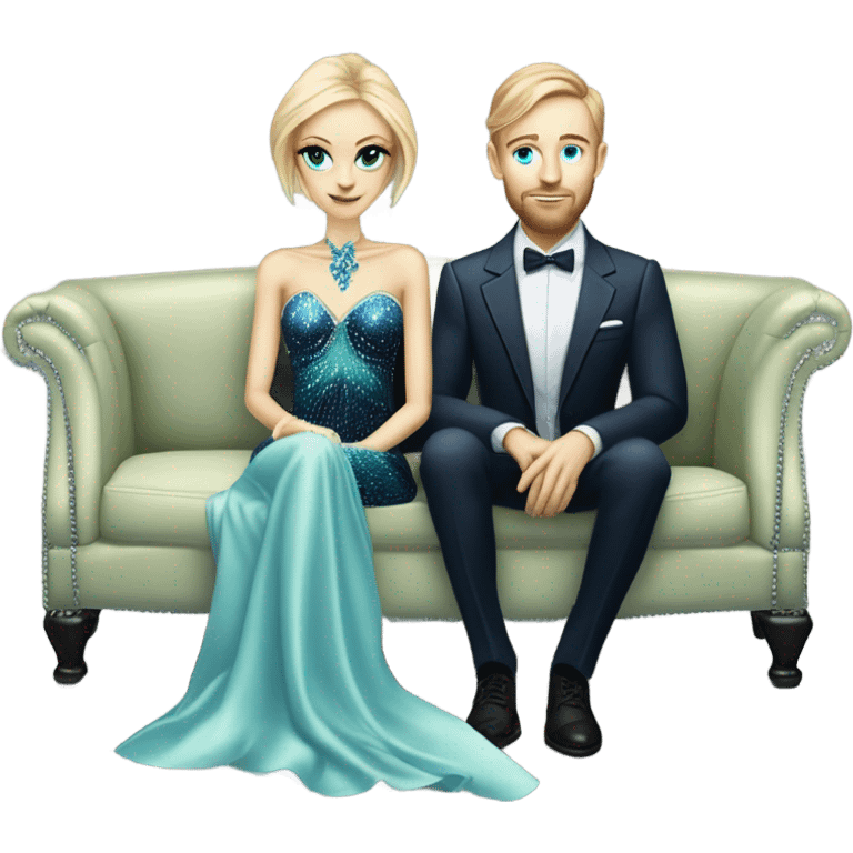 light green skin alien blonde woman in long slim pastel blue formal party satin dress with gradient shiny sparkling navy blue diamonds embroidered , and caucasian man in black dress, sitting on a beige couch  emoji