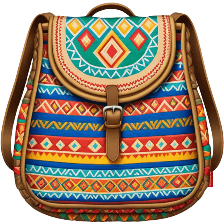 Cinematic Realistic image of a traditional Colombian mochila, rendered with detailed woven textures and vibrant patterns, set against a rustic backdrop with soft, cultural lighting emoji