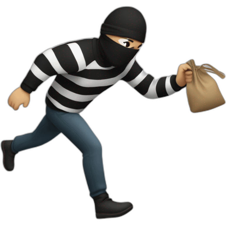 A robber runs away with a bag of money wearing a striped sweater, black pants and a blindfold. emoji