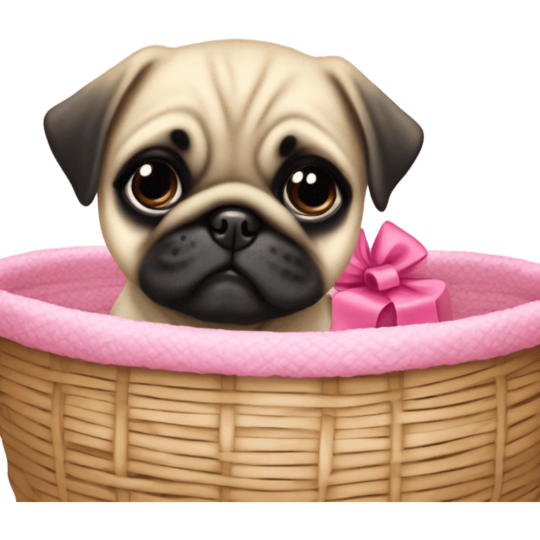  Baby pug with big pink
eyes wearing a pink bow sitting in a dog basket  emoji