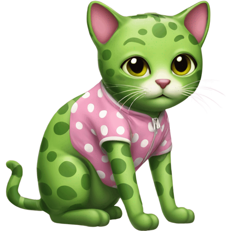 Green cat wearing a pink polka dot frog onesie  emoji