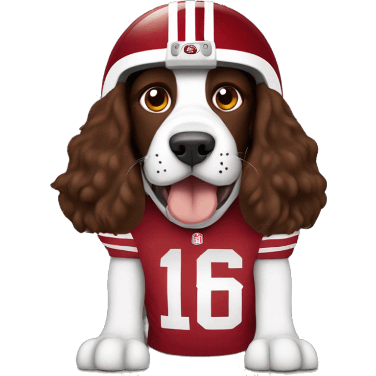 brown springer spaniel wearing 49ers football helmet and holding football emoji