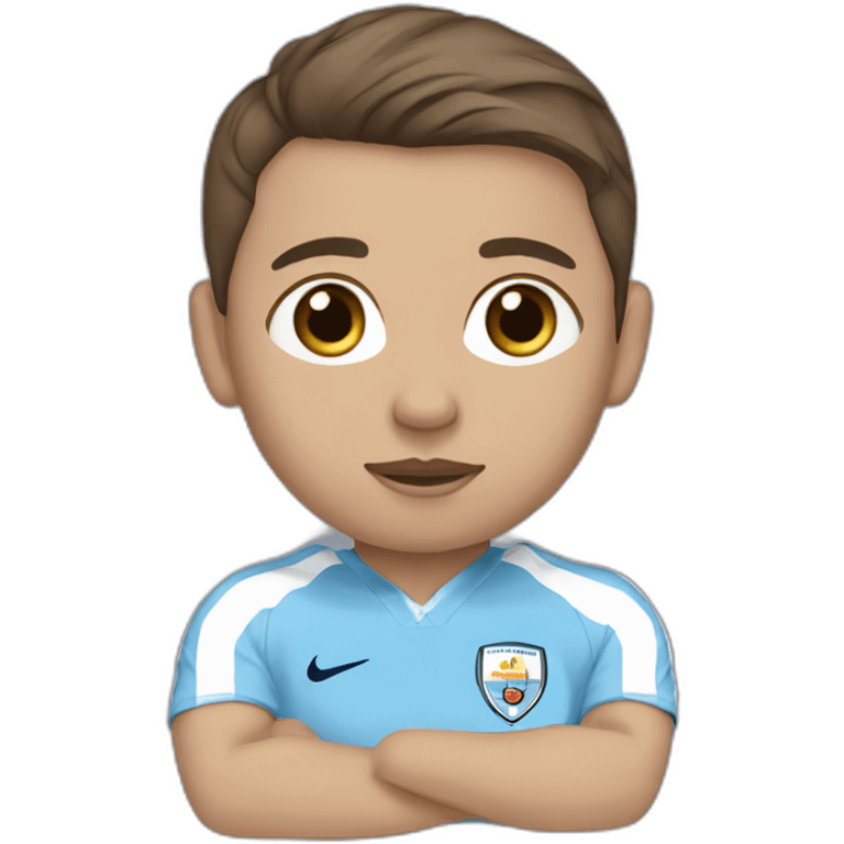 baby brown hair and eyes wearing Manchester City football shirt emoji