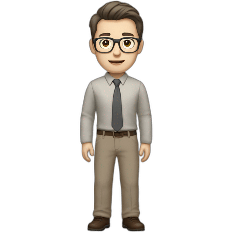 Full height Actively Gesturing Pale skinned fit man with dark brown hair in gray jacket, beige office shirt, brown tie, brown pants and vintage glasses. emoji