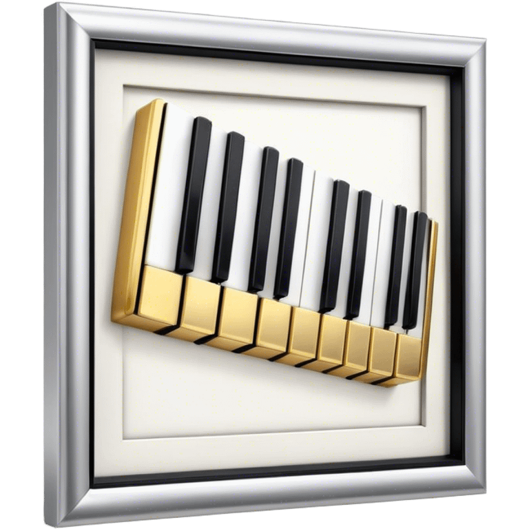 Create an elegant and festive emoji collage representing keyboard instruments, styled like a heraldic emblem. The design should feature a central focal point of black and white piano keys, arranged in a semi-circular or shield-like shape. Around the piano keys, add intertwining musical notes that form flowing ribbons, creating a dynamic and celebratory atmosphere. The design should be professional, with polished silver and gold accents on the keys and notes, highlighting the luxury and sophistication of the instruments. Add subtle shading and lighting effects to give the design a refined, 3D appearance. The background should remain transparent, and the overall feel should evoke grandeur, artistry, and a sense of celebration. emoji