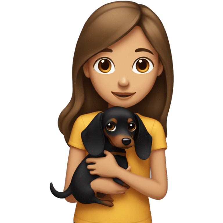 Girl with long brown hair holding long haired black and tan dachshund emoji