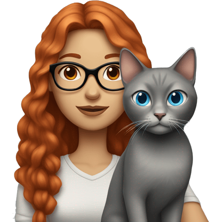 A girl with long red hair, blue eyes, light skin, black glasses, holding an all grey cat  emoji