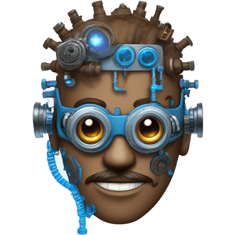 Brown cyborg head with blue Mohawk, blue beard, silver steampunk monocle goggles a smile and circuits emoji