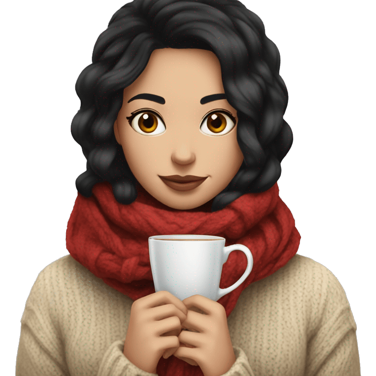 White girl black hair in a sweater and scarf sipping tea  emoji