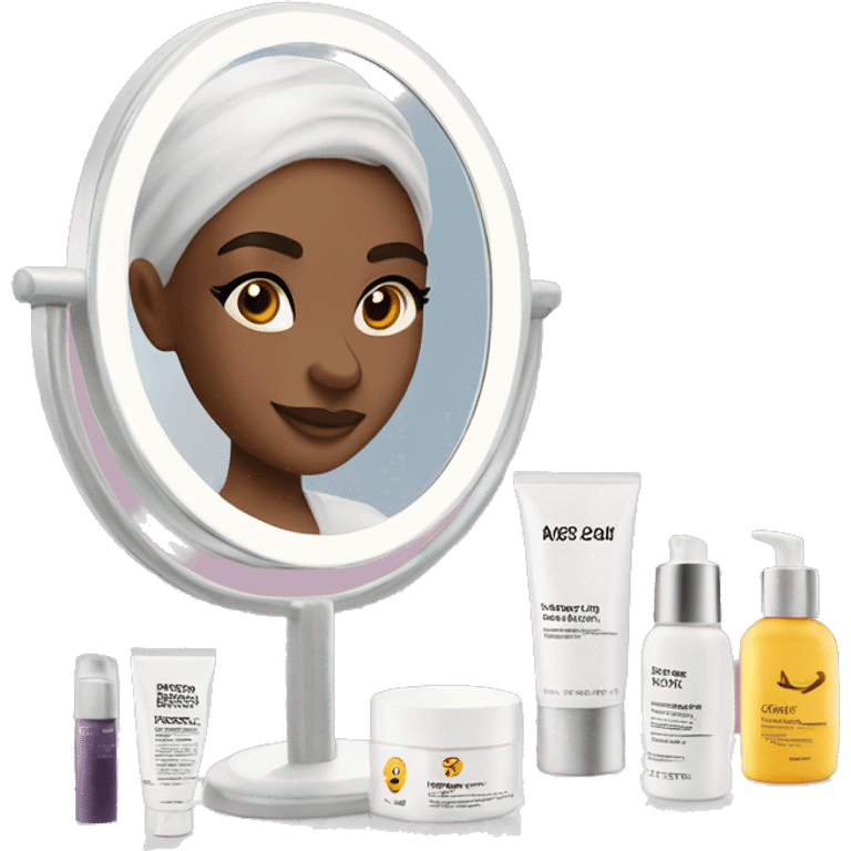 skincare routine on a white makeup vanity with mirror  emoji