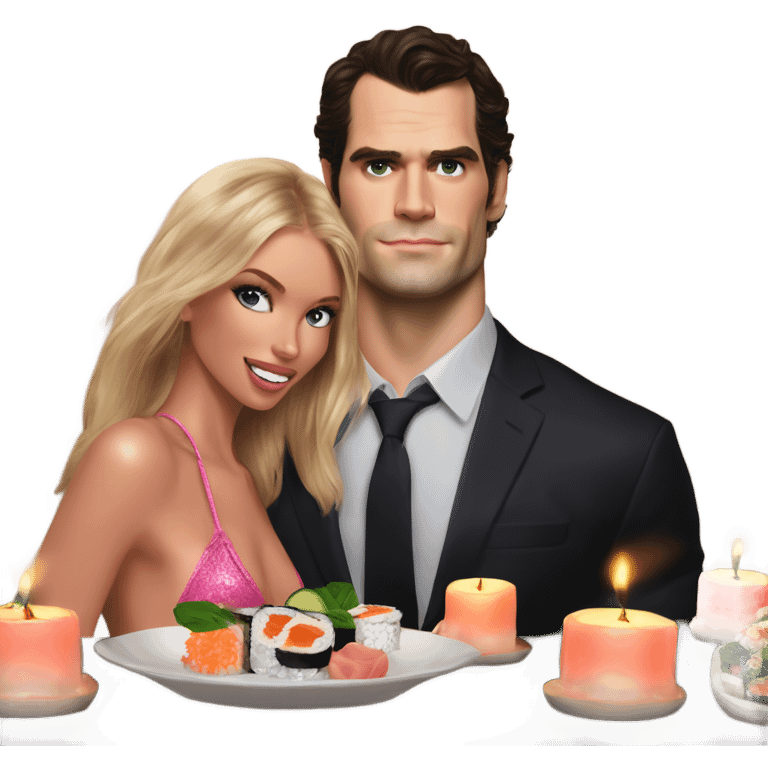 realistic photo of Henry Cavill with a beautiful  victoria secret model on a candle lit sushi date emoji