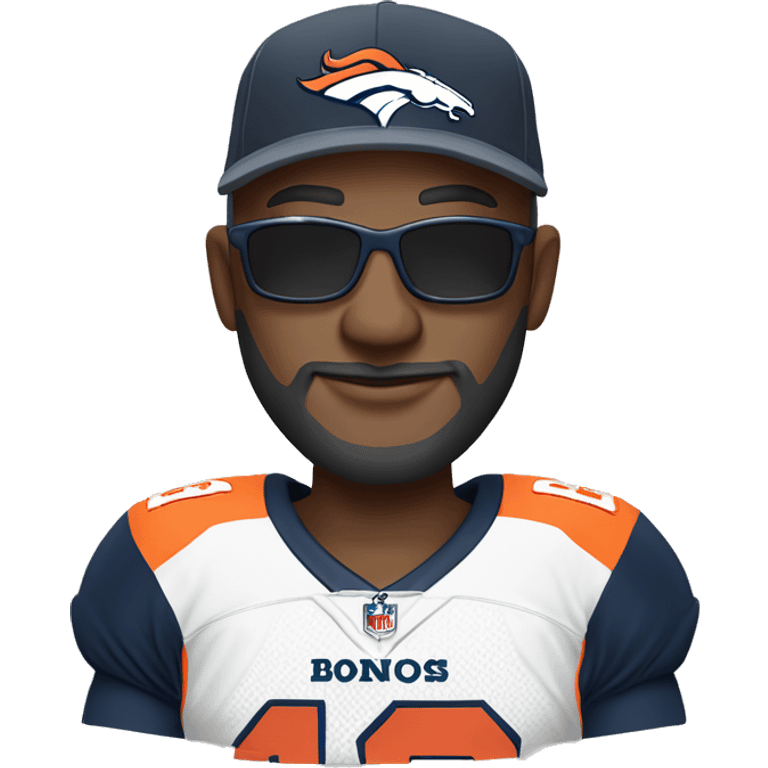 Bald black guy dark grey long beard wearing Denver broncos cap and Jersey and sunglasses  emoji