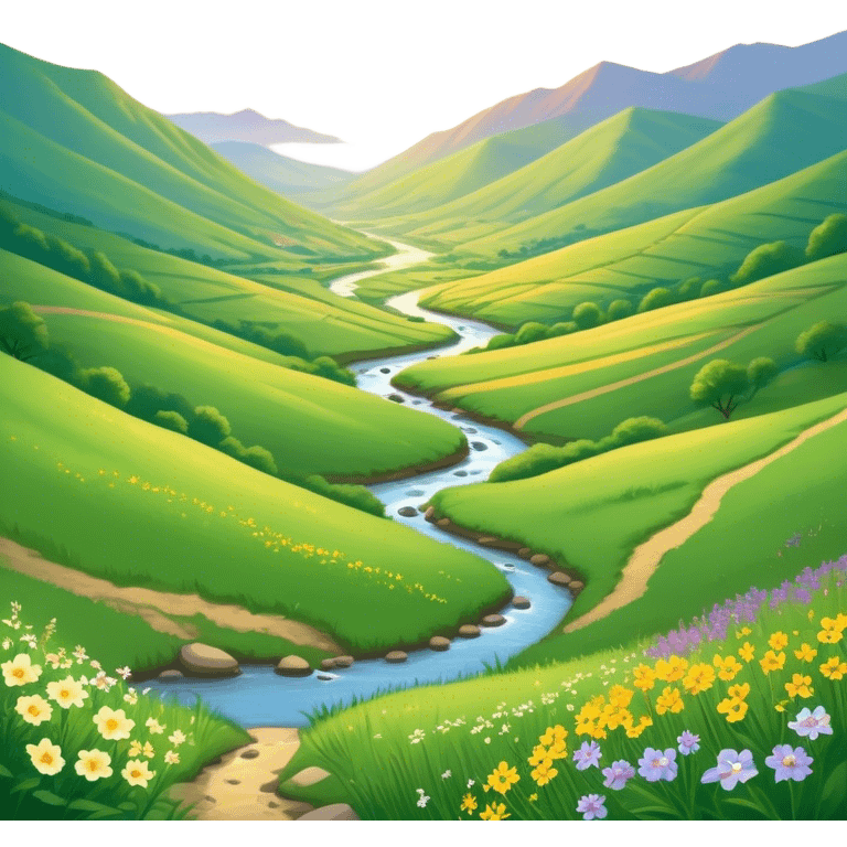 Cinematic Realistic Valley Emoji, Lush and serene, with gently sloping hills surrounding a vibrant green valley filled with wildflowers and a small stream. The soft, golden sunlight filters through the valley, casting peaceful, warm shadows across the landscape. Soft glowing outline, capturing the essence of natural peace and gentle beauty in a sprawling valley. emoji