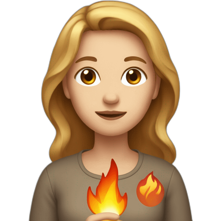 A women with light brown hair holding fire in her hand emoji