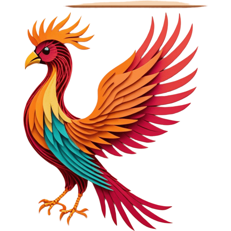 String art icon, colorful threads forming a large, intricate phoenix (firebird) design, geometric patterns, pins on a board, vibrant colors, minimalistic style, clean lines, transparent background. emoji