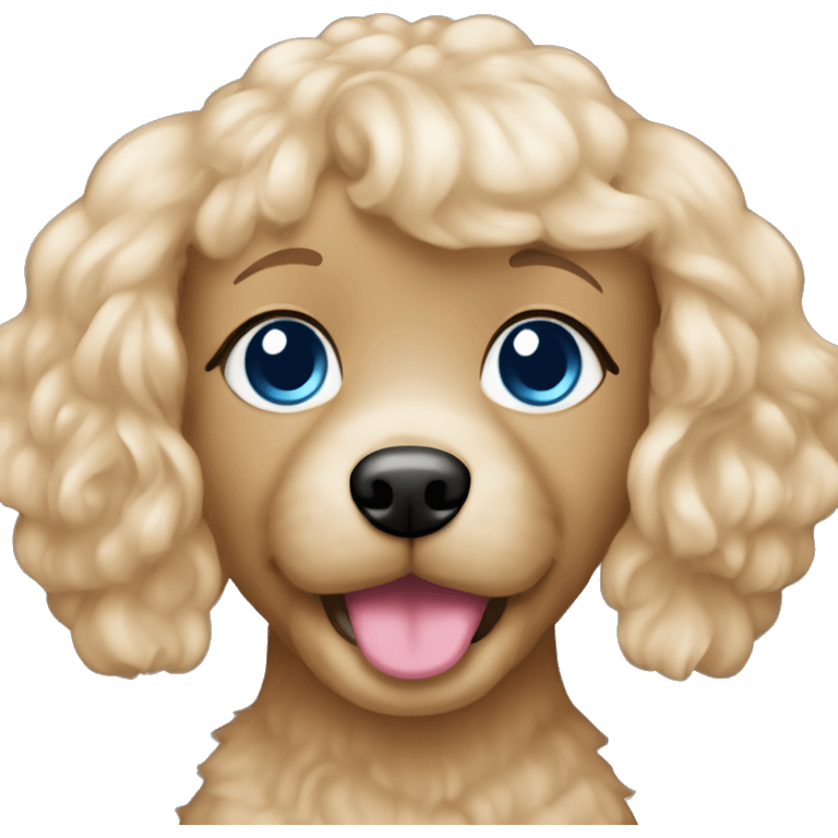 Blonde girl has long straight hair, blue eyes, pink lips with a brown maltipoo emoji