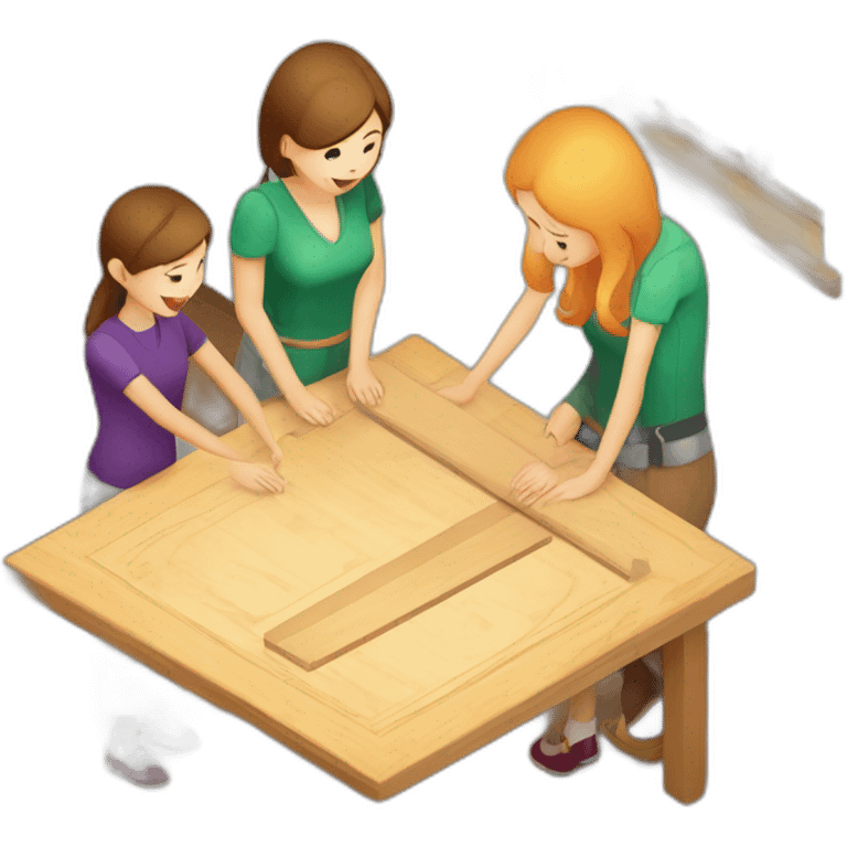 isometric square transparent solid outline border containing indoor woodworking teacher with student teaching in creative workshop on long table emoji