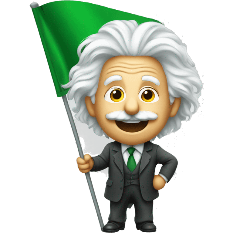 happy albert einstein holding green flag in one hand emoji