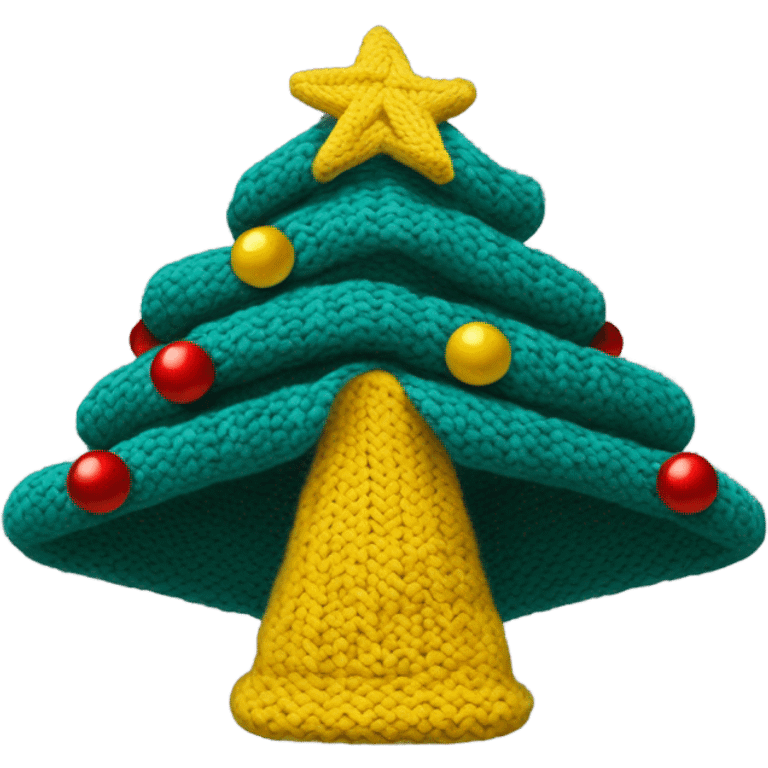 A knit hat like a Christmas tree，The bottom is wide enough for people to wear and has a yellow pentacle on top. The hat is divided into three parts horizontally by blue thread, and the whole hat has several small red, yellow and white wool balls. emoji