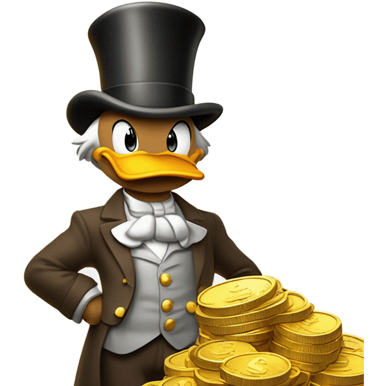 a slim successful looking scrooge mcduck standing atop a pile of money emoji