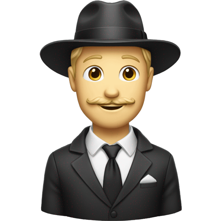 A blond white man with a suit, a tie, a mustache, and a devilish smirk tipping his fedora hat emoji