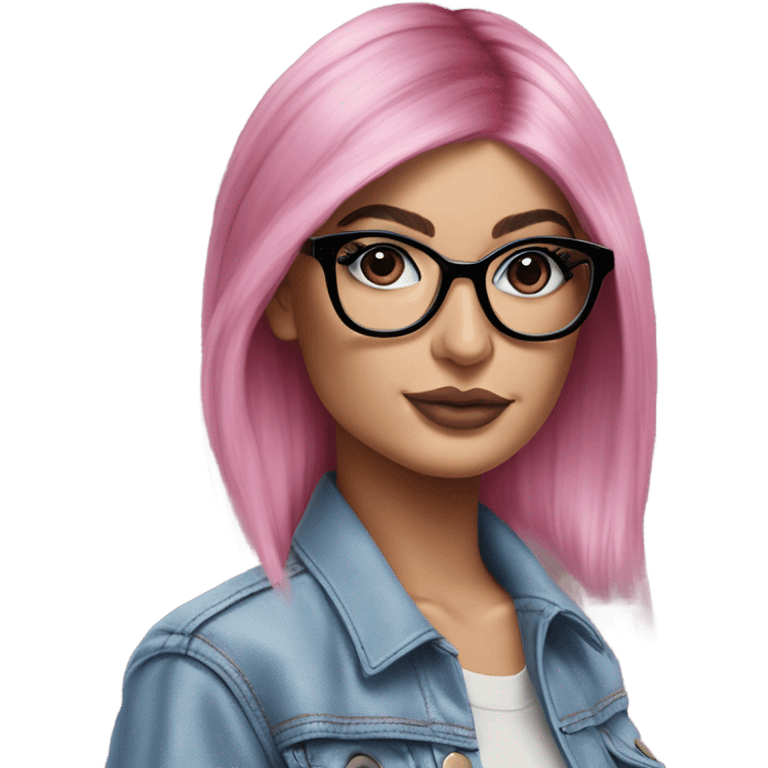 Photo Realistic kylie jenner stylish pink hair BLUE eyes and glasses posing  emoji