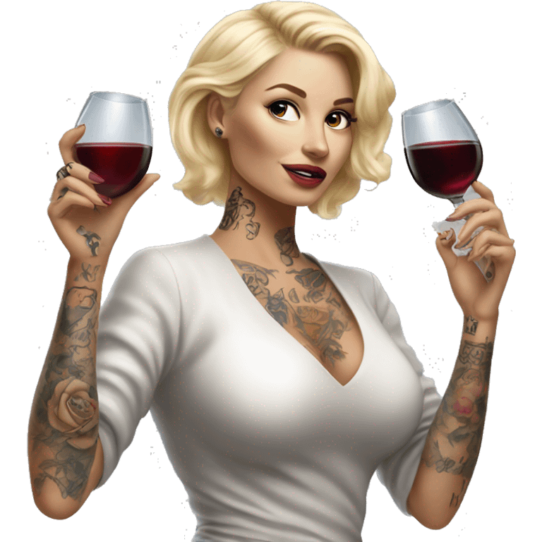 Blonde elegant women, her Body Covered with Tattoos, Wine in her One Hand, Pointing Forward with her Other Hand , Hyper realistic emoji