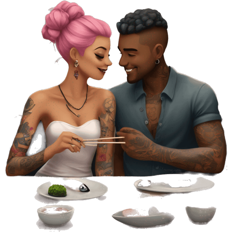 Romantic sushi dinner date for beautiful tattooed couple emoji