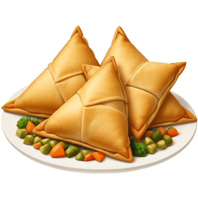 Cinematic Realistic Samosas Dish Emoji, depicted as golden, crispy pastry pockets filled with spiced vegetables rendered with detailed textures and appetizing lighting. emoji