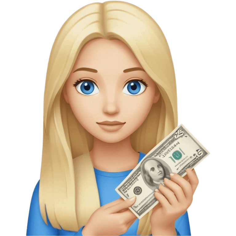 realistic blonde with long hair, blue eyes light pink has straight hair holding 25 in hand emoji