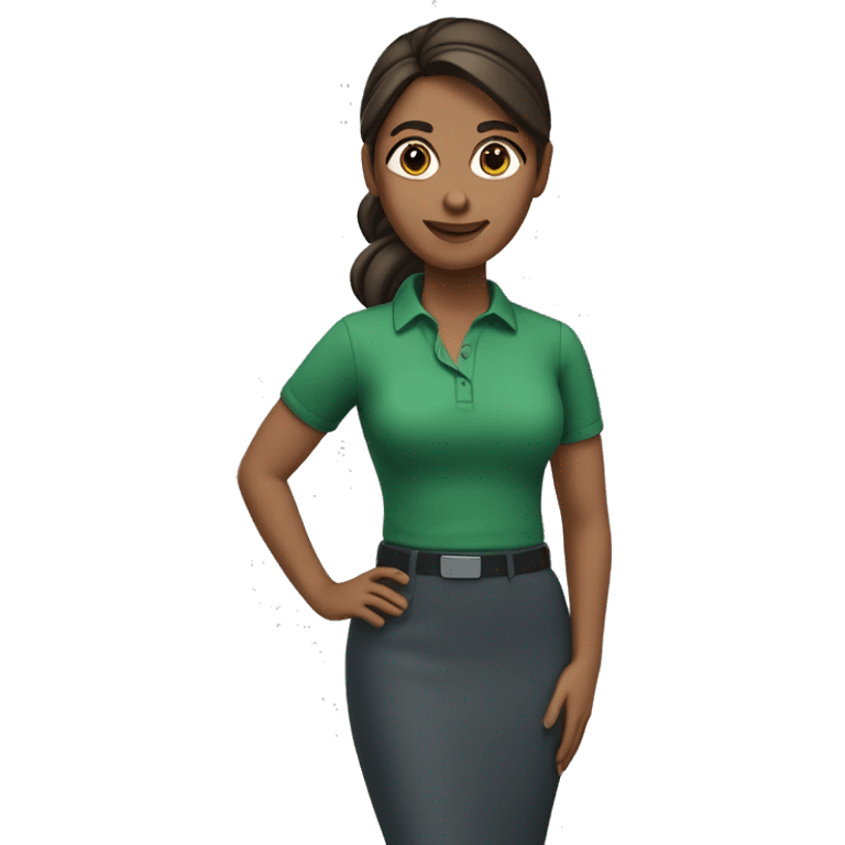 a teacher that teaches computer no glasses, really dark brown hair in a ponytail. medium skin tone not very light with a green shirt emoji