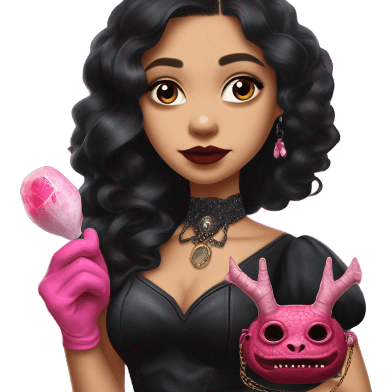 provocatively flirty Lavish black evening gown with see-through gloves, Jenna Ortega as Addams woman prom queen wearing a steampunk mini tiara, very large blood  pink evil-looking horned old dragon purse emoji