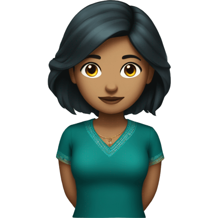 indian girl fair with length black hair and dark teal shirt. emoji