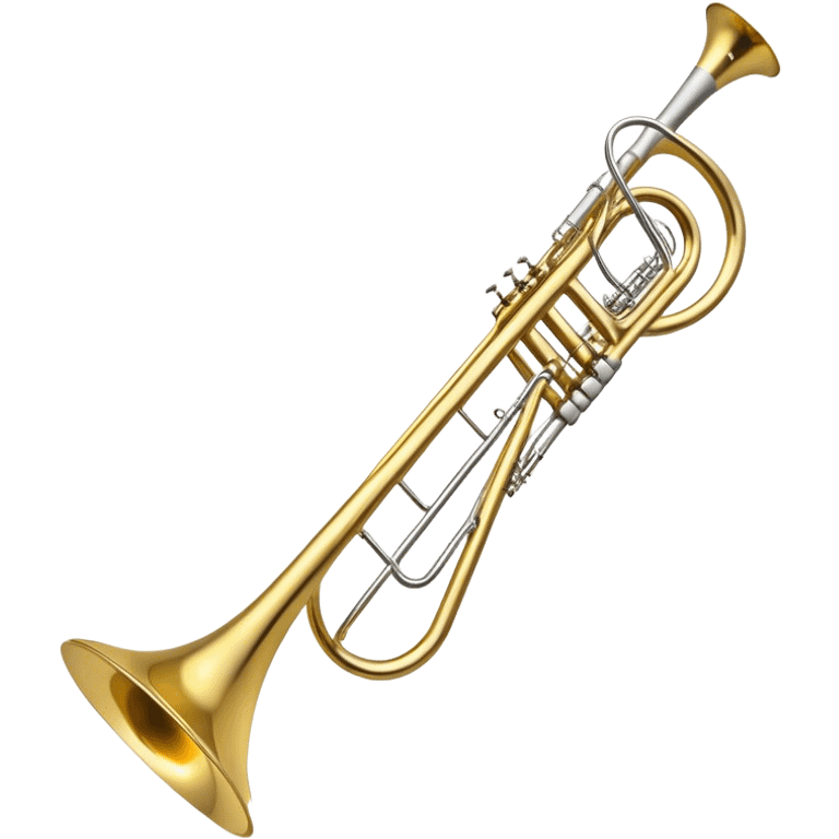 Create an elegant and detailed emoji representing the Bach Bb/F tenor trombone. The design should feature the smooth, shiny brass body of the trombone, showcasing its large, flared bell and curved tubing. Highlight the tuning slide with its polished metal finish, and the mouthpiece should be clearly visible. The trombone’s surface should have a gleaming brass tone with subtle silver accents around the mouthpiece and slide. Add a few musical notes or soundwaves emanating from the bell to emphasize the powerful sound of the trombone. Use golden and brass tones with reflective light effects to enhance the trombone’s professional and high-quality appearance. The background should be transparent. emoji