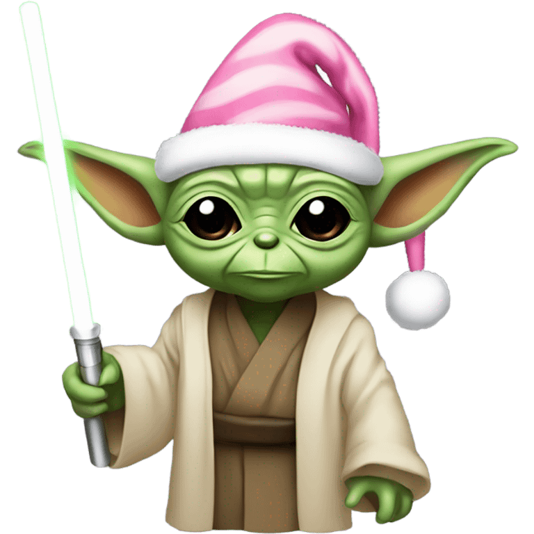 Yoda with pink Santa hat and candy cane lightsaber emoji