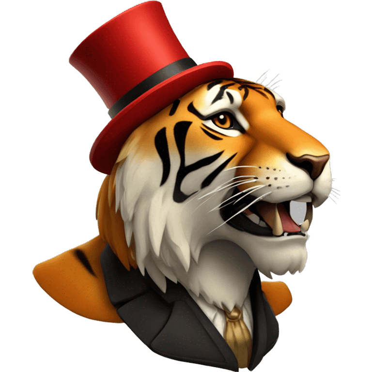 saber tooth tiger with red fur and long canine teeth with a top hat on top  emoji