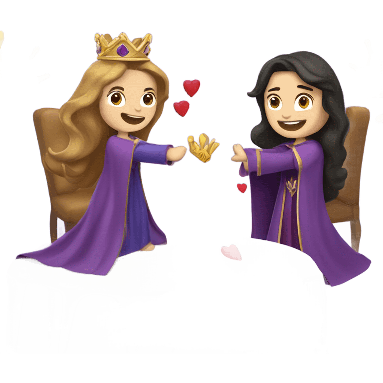 Caucasian long  brunette woman wearing formal royal purple robes and a crown who has thrown hearts to the man she adores  emoji