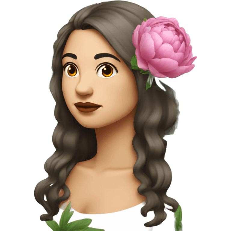 Peonies around head of a white Spanish raven brunette long hair chubby woman emoji