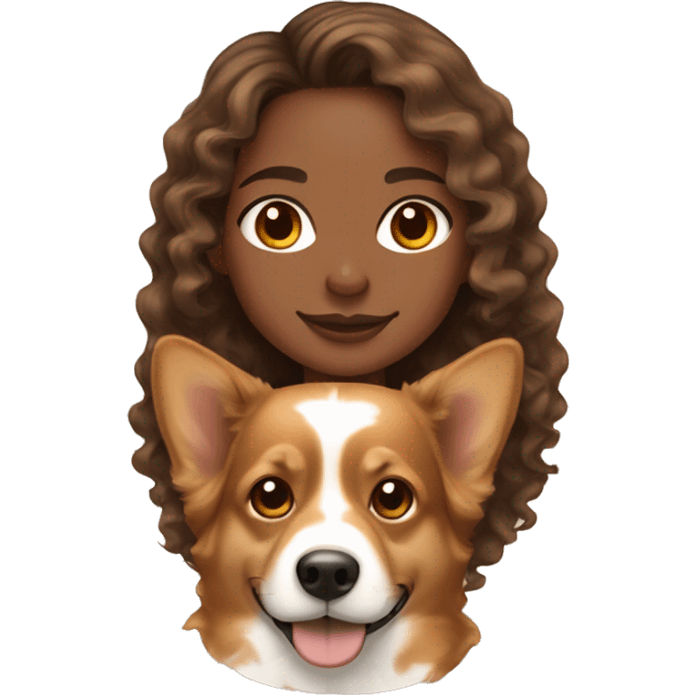 LIGHT BROWN SKIN GIRL WITH LONG CURLY BROWN HAIR and a CORGI emoji