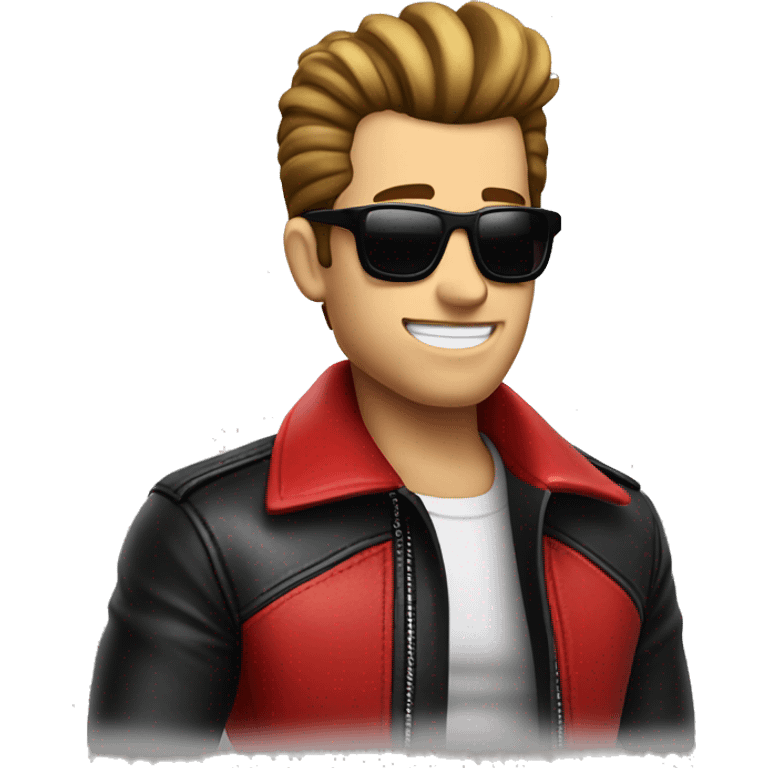 greaser guy with red leather jacket, sunglasses and an extremely large pompadour. emoji