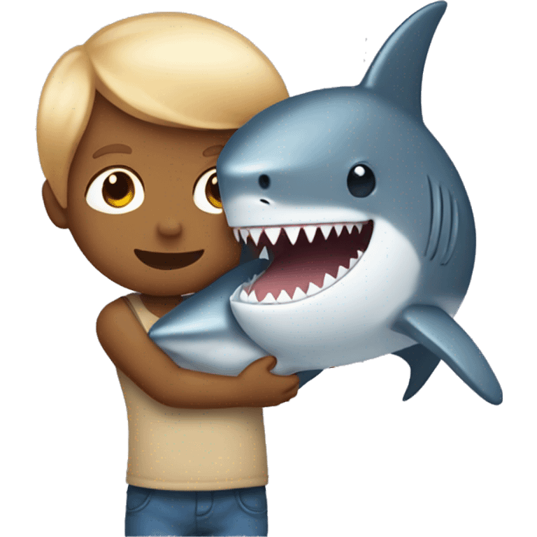 Tan little boy with straight hair cuddling a shark emoji