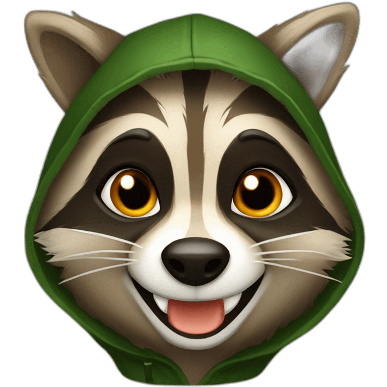 brown raccoon with orange eyes and a dark green hood that is laughing emoji