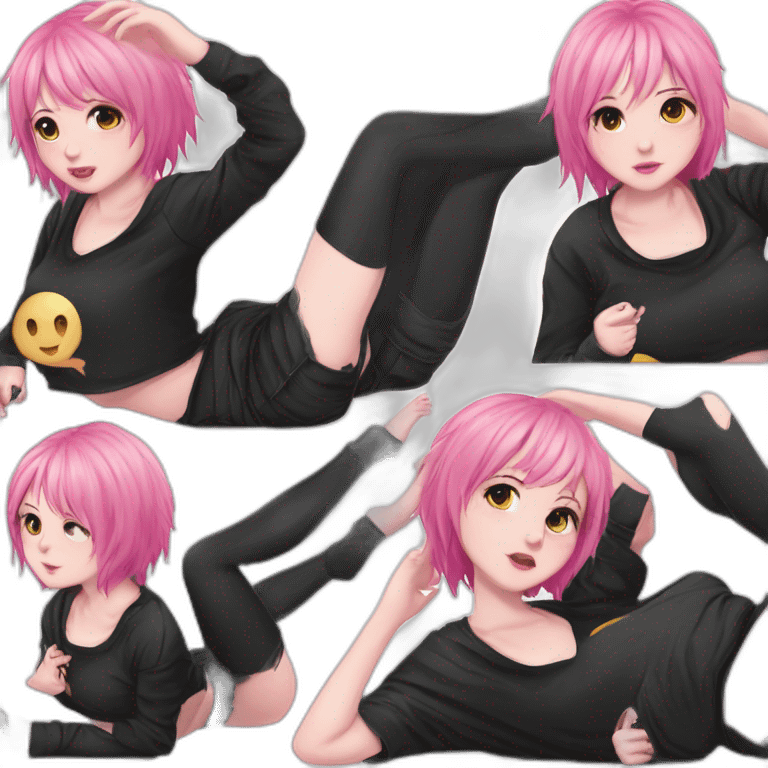 Full body Front view curvy emo girl pink hair sits on the floor straight view hands up black skirt белые трусики полосатые рваные чулки emoji