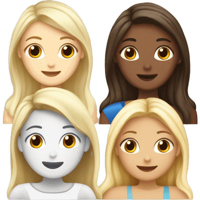 Four beautiful white european girls, one with blond hair and three with dark blond hair in dresses drinking coffee emoji