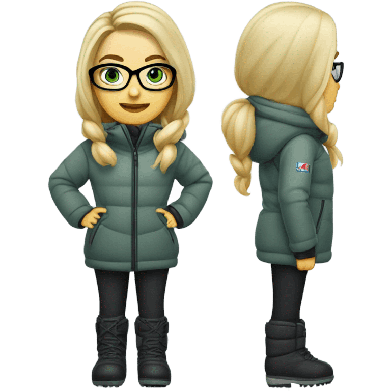 Green-eyed, fat female skier with long straight blonde hair, glasses, grey snow jacket, long black pants, black only snow boots standing tall. emoji