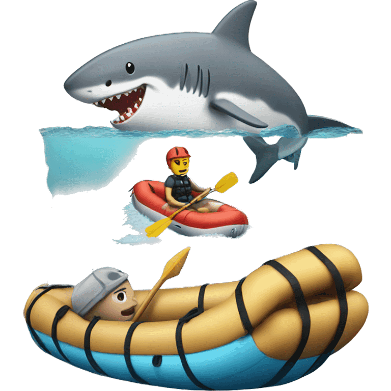 Raft in ocean with shark near it emoji