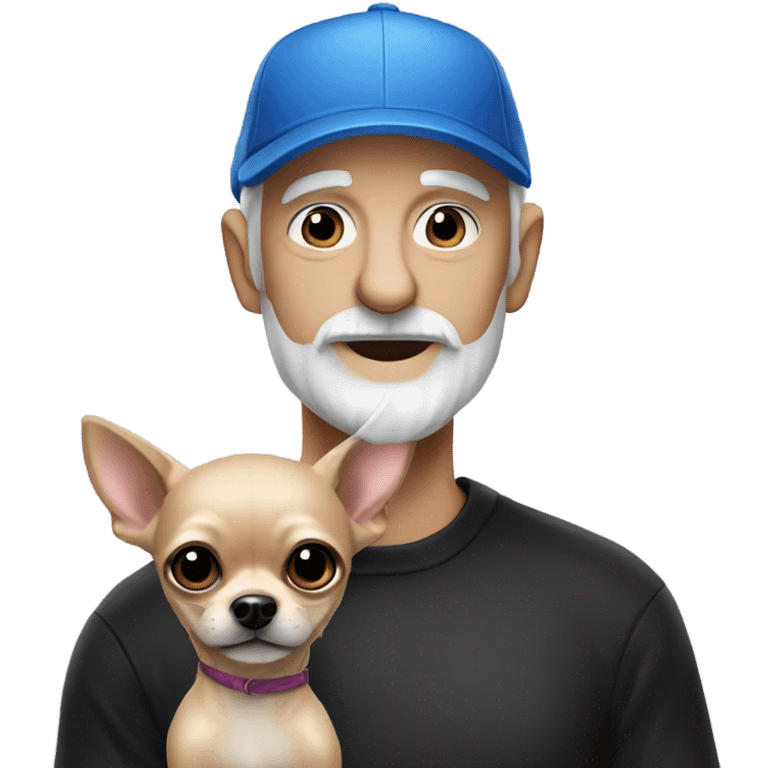 Old man with blue eyes goatee beard ball cap and holds cute black long fur Chihuahua emoji