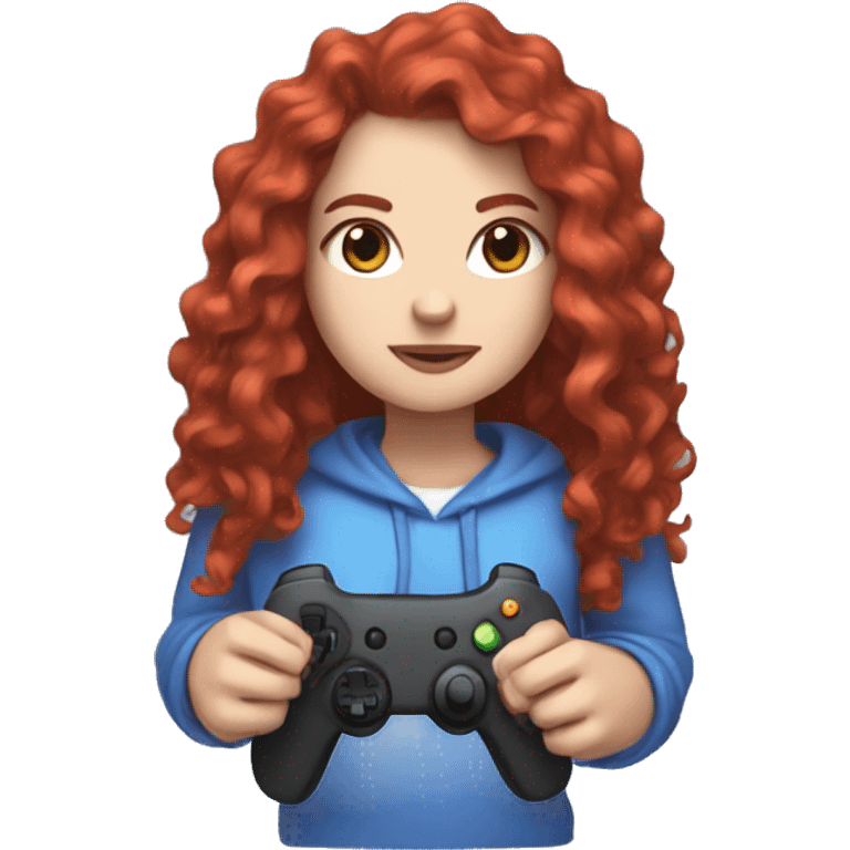 a white girl with long red curly hair, wearing periwinkle Minecraft hoodie holding a controller emoji