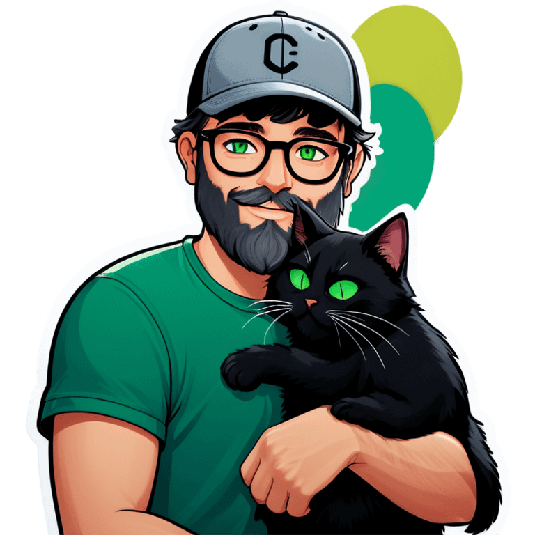 A bold man with a grey baseball cap, green eyes, big beard and glasses hugging a black cat emoji