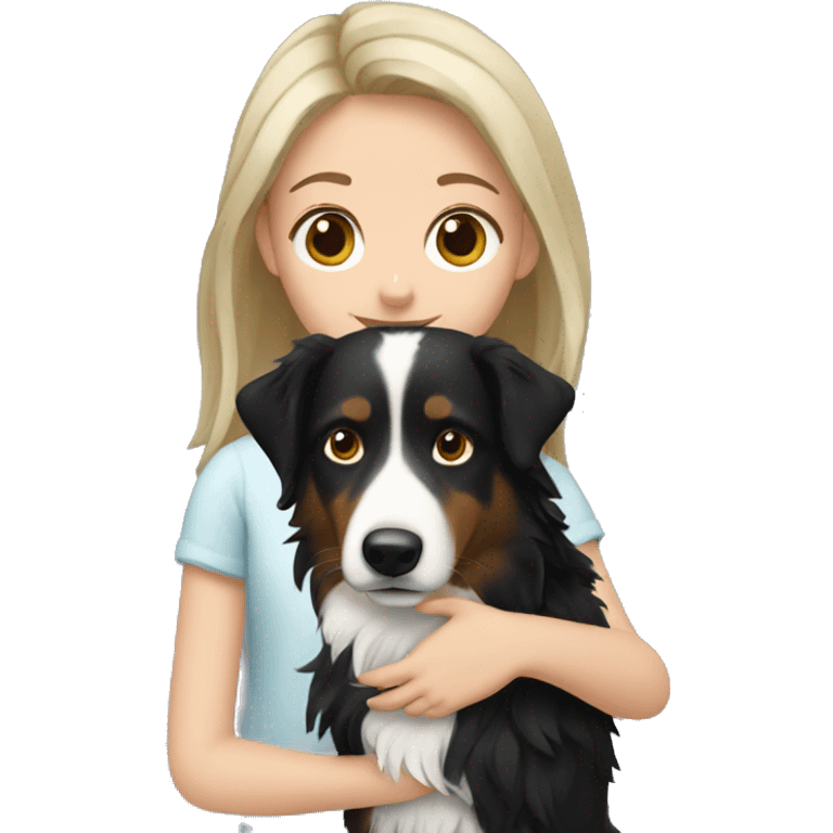 Girl with dark blonde hair holding border collie emoji